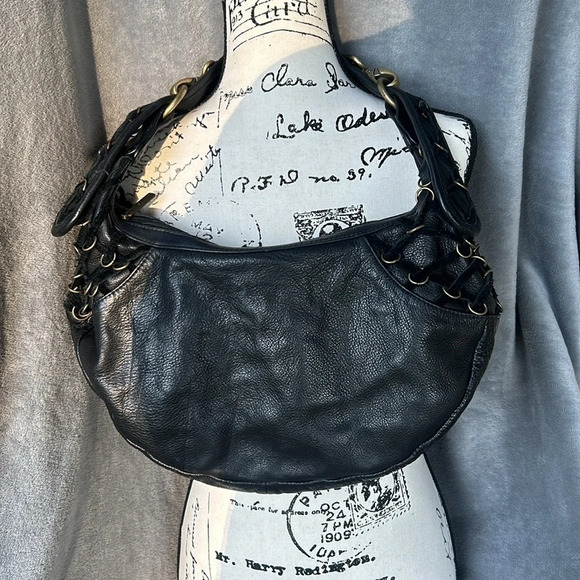 JACQUELINE JARROT Black Leather w Woven Suede & Metal Ring Accents Shoulder Bag - Picture 3 of 12